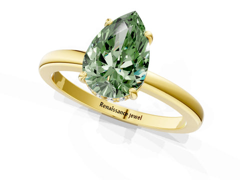 Yellow gold Fancy Green Pear Cut Solitaire Diamond Ring with Prong Setting and Plain Band_1