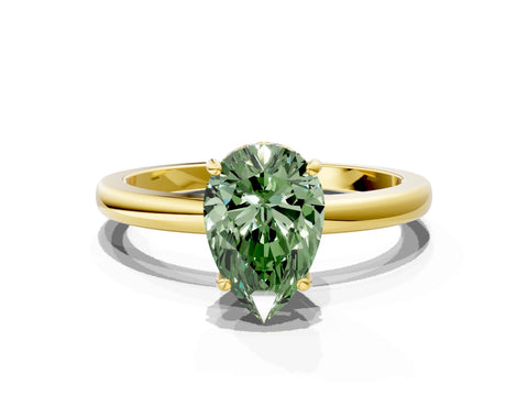Yellow gold Fancy Green Pear Cut Solitaire Diamond Ring with Prong Setting and Plain Band