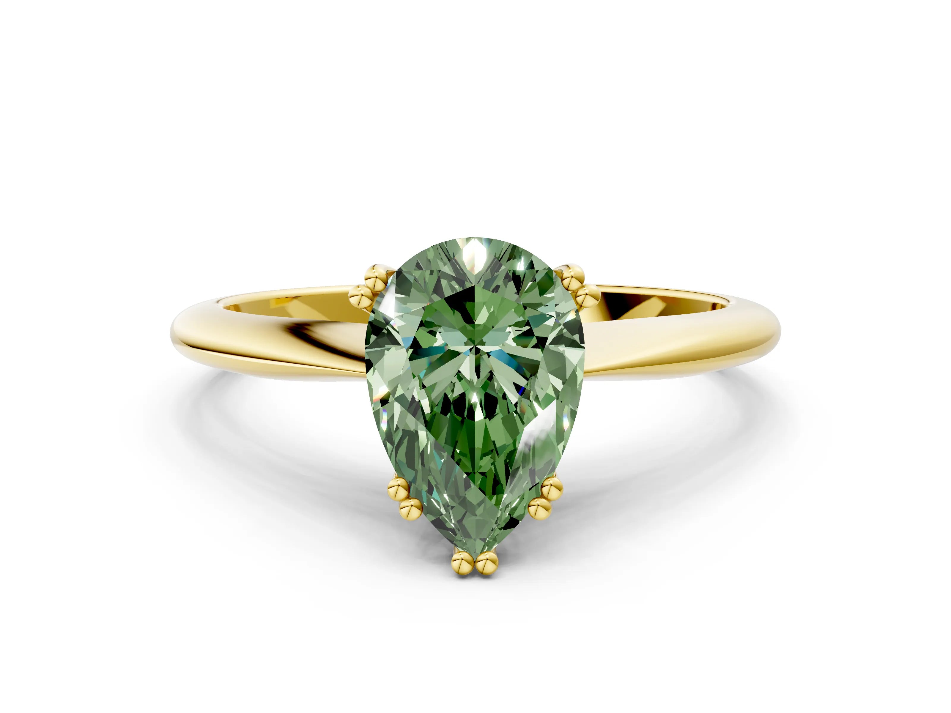 Yellow gold Fancy Green Pear Cut Solitaire Diamond Ring with Six-Prong Setting and Classic Band