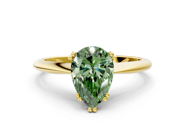 Yellow gold Fancy Green Pear Cut Solitaire Diamond Ring with Six-Prong Setting and Classic Band