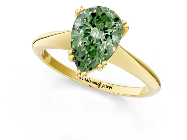 Yellow gold Fancy Green Pear Cut Solitaire Diamond Ring with Six-Prong Setting and Classic Band
