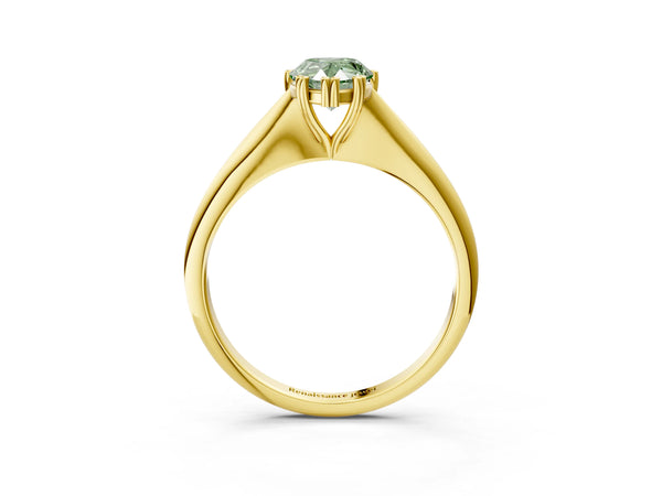 Yellow gold Fancy Green Pear Cut Solitaire Diamond Ring with Six-Prong Setting and Classic Band