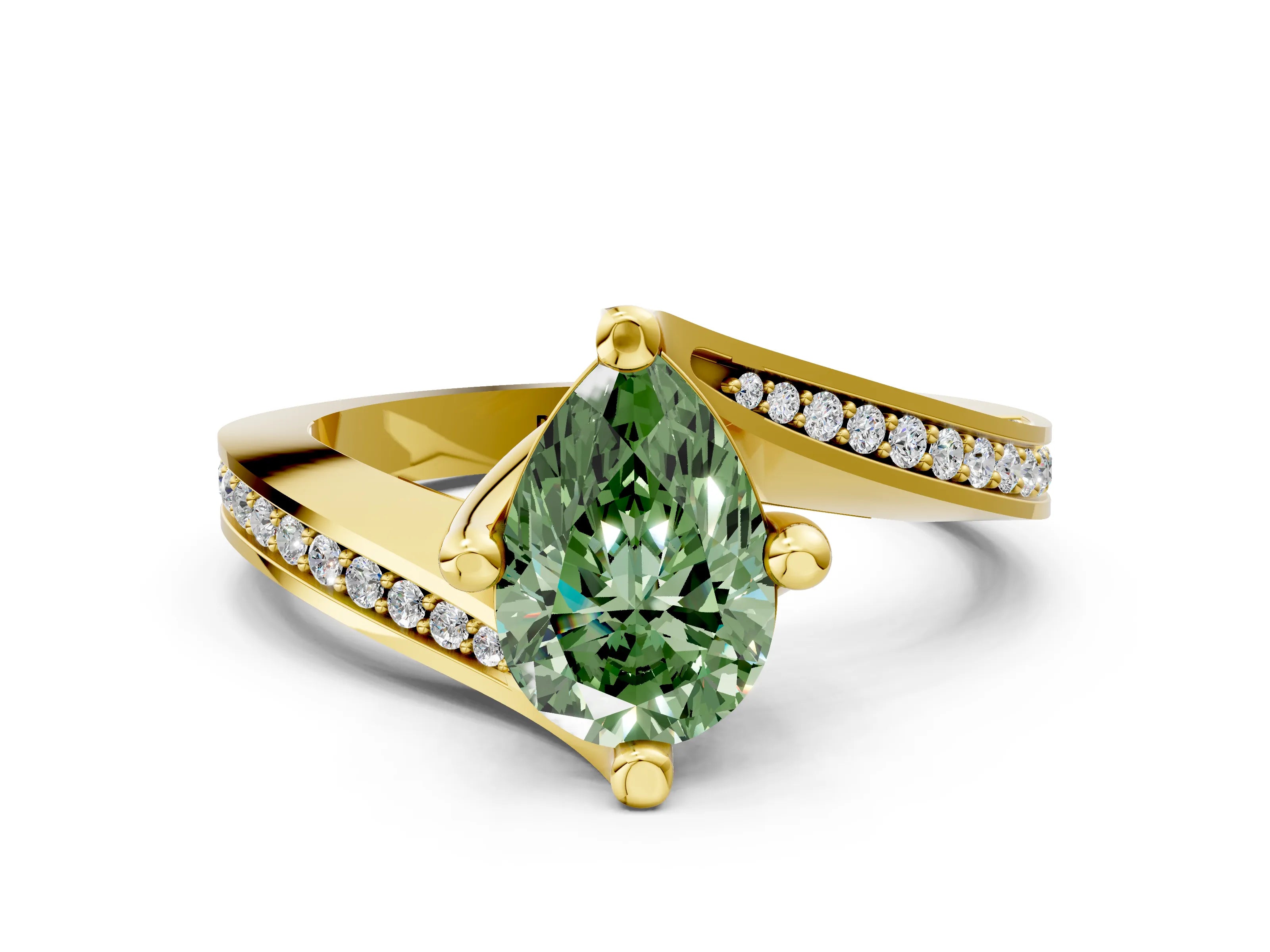 Yellow gold Fancy Green Pear Cut Solitaire Diamond Twist Band with Pavé Setting and Four-Prong Setting