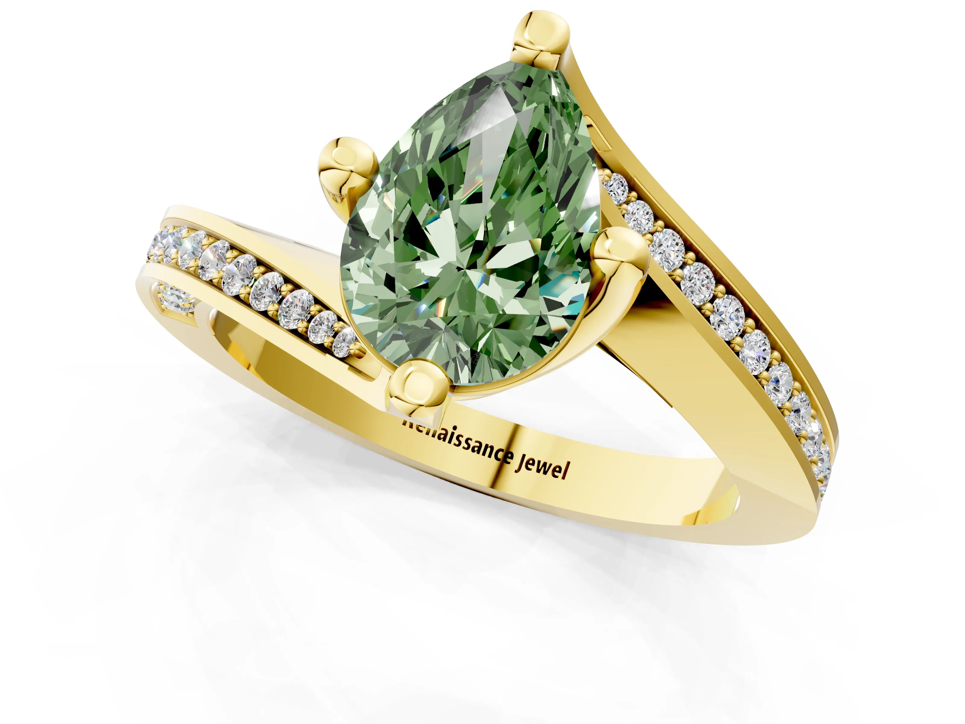 Yellow gold Fancy Green Pear Cut Solitaire Diamond Twist Band with Pavé Setting and Four-Prong Setting_1