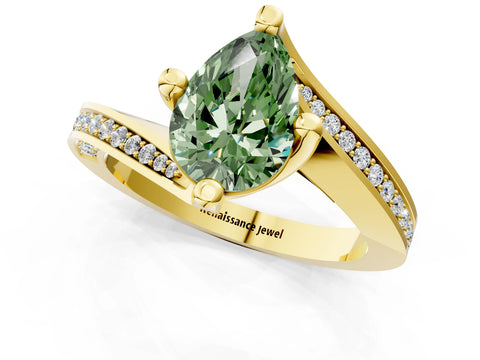 Yellow gold Fancy Green Pear Cut Solitaire Diamond Twist Band with Pavé Setting and Four-Prong Setting_1