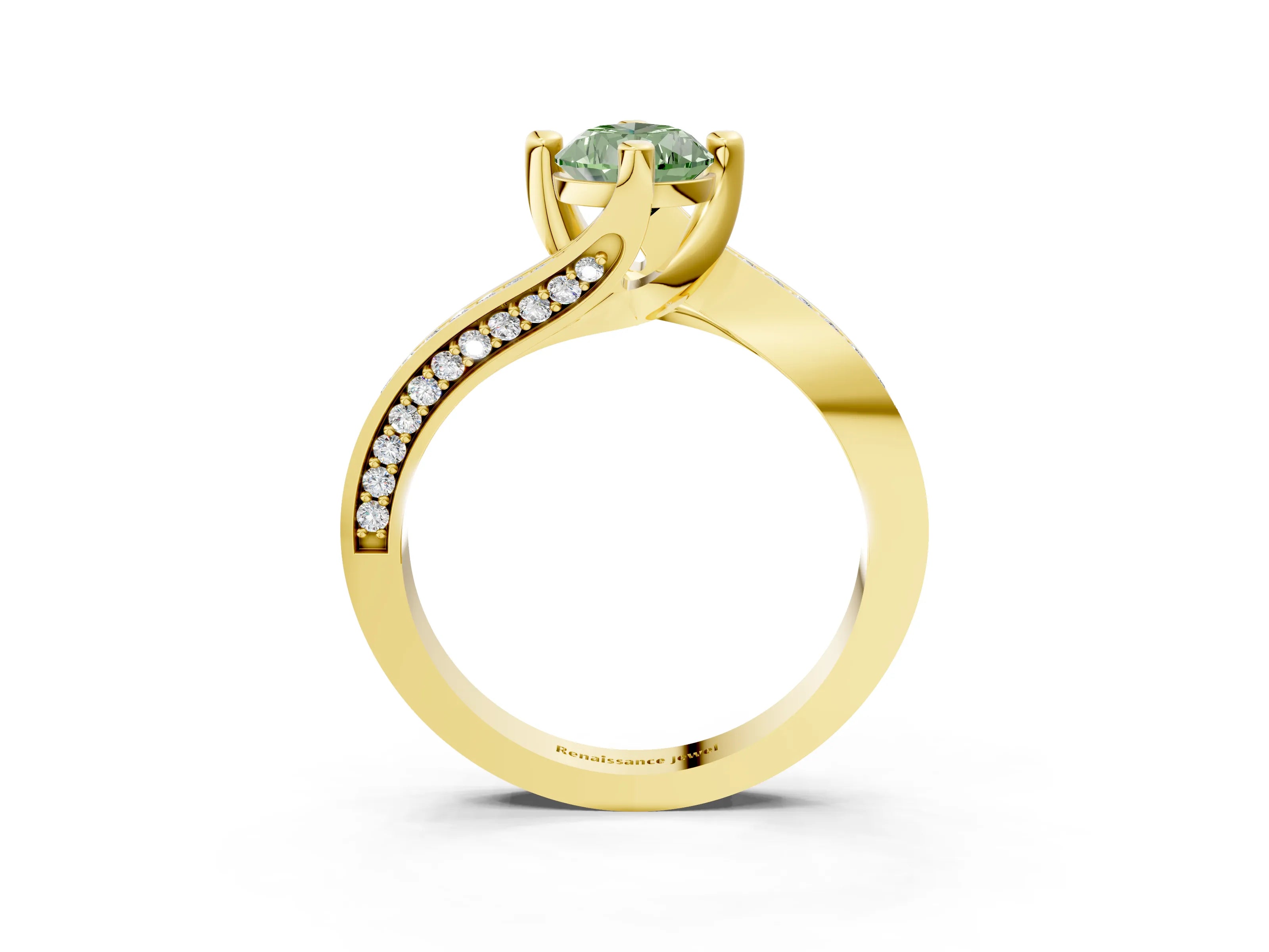 Yellow gold Fancy Green Pear Cut Solitaire Diamond Twist Band with Pavé Setting and Four-Prong Setting_3