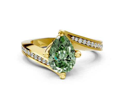Yellow gold Fancy Green Pear Cut Solitaire Diamond Twist Band with Pavé Setting and Four-Prong Setting
