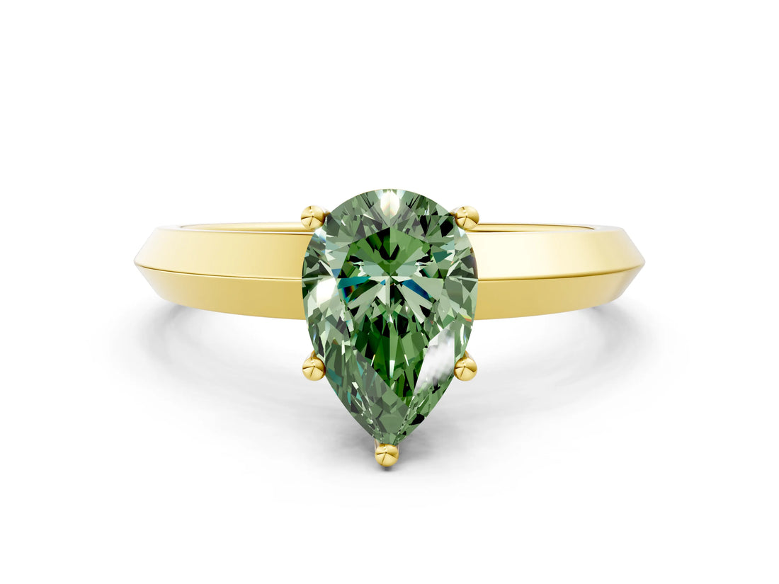 Yellow gold Fancy Green Pear  Cut Solitaire Engagement Ring with Flat Band and Four-Prong Setting 1