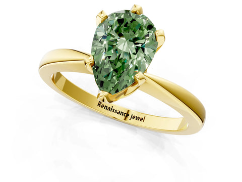 Yellow gold Fancy Green Pear Cut Solitaire Engagement Ring with Six-Prong Setting and Tapered Band_1