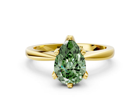 Yellow gold Fancy Green Pear Cut Solitaire Engagement Ring with Six-Prong Setting and Tapered Band