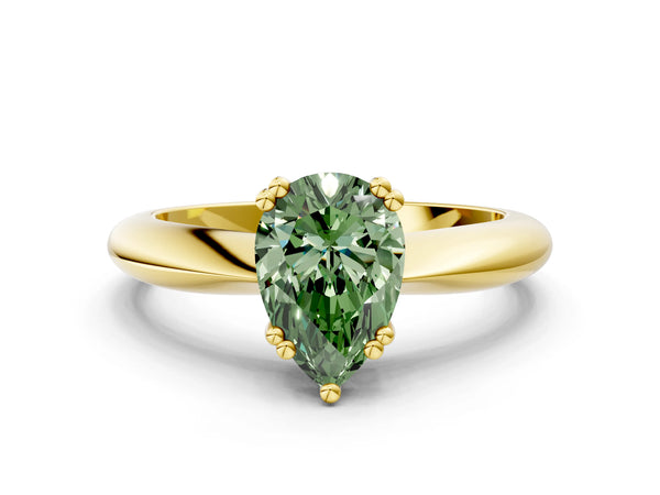 Yellow gold Fancy Green Pear  Cut Solitaire Engagement Ring with Tapered Band and Four-Prong Setting