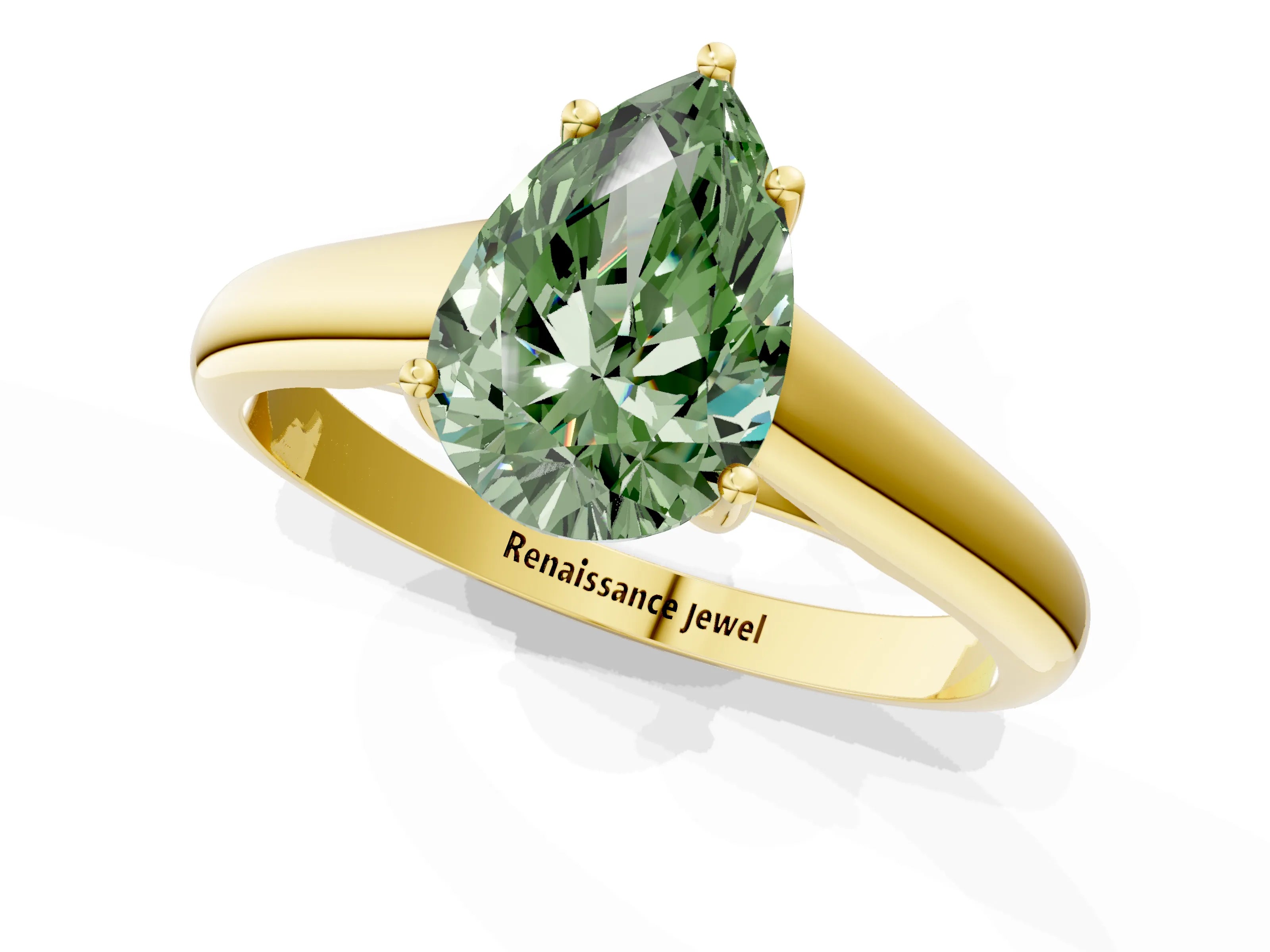 Yellow gold Fancy Green Pear Cut Solitaire Engagement Ring with Tapered Band and Four-Prong Setting_4