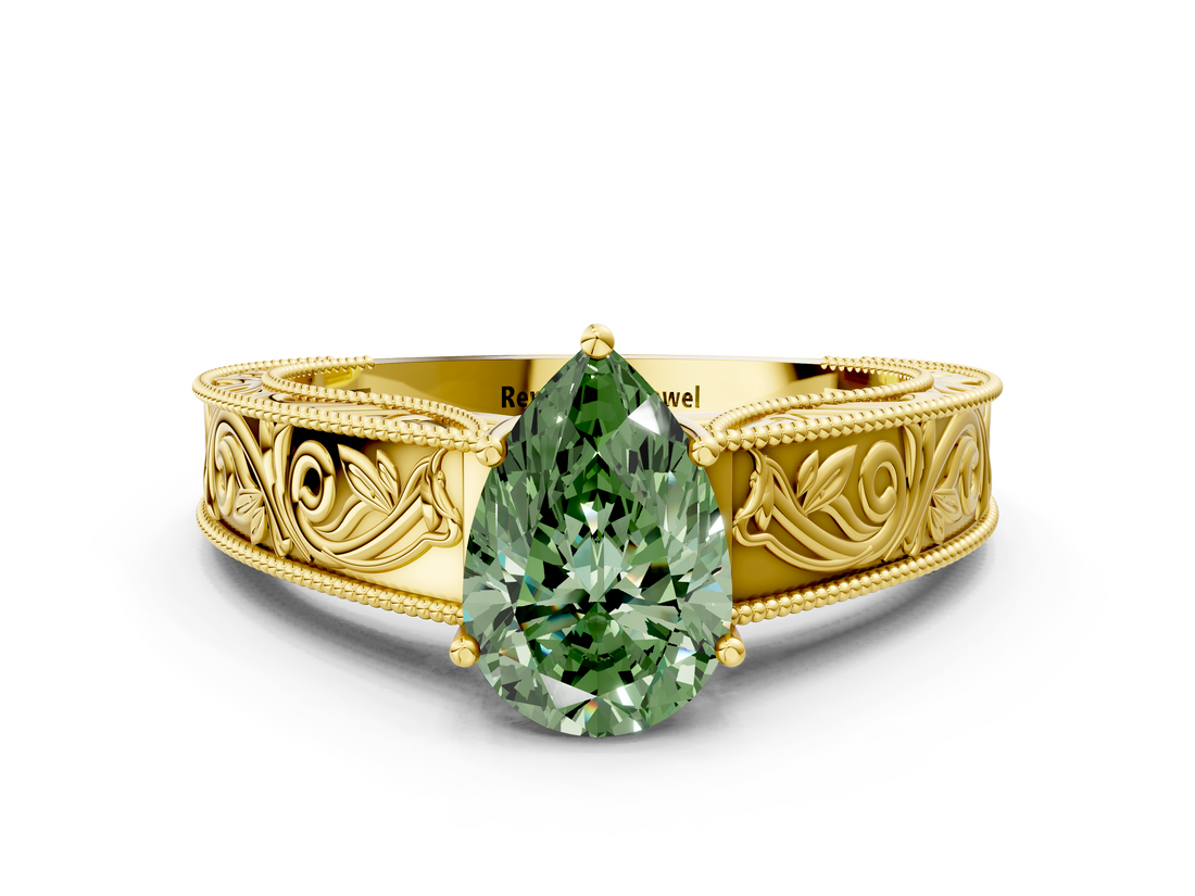 Yellow gold Fancy Green Pear  Cut Solitaire Engraved Band with Four-Prong Setting_62