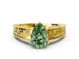 Yellow gold Fancy Green Pear  Cut Solitaire Engraved Band with Four-Prong Setting_62