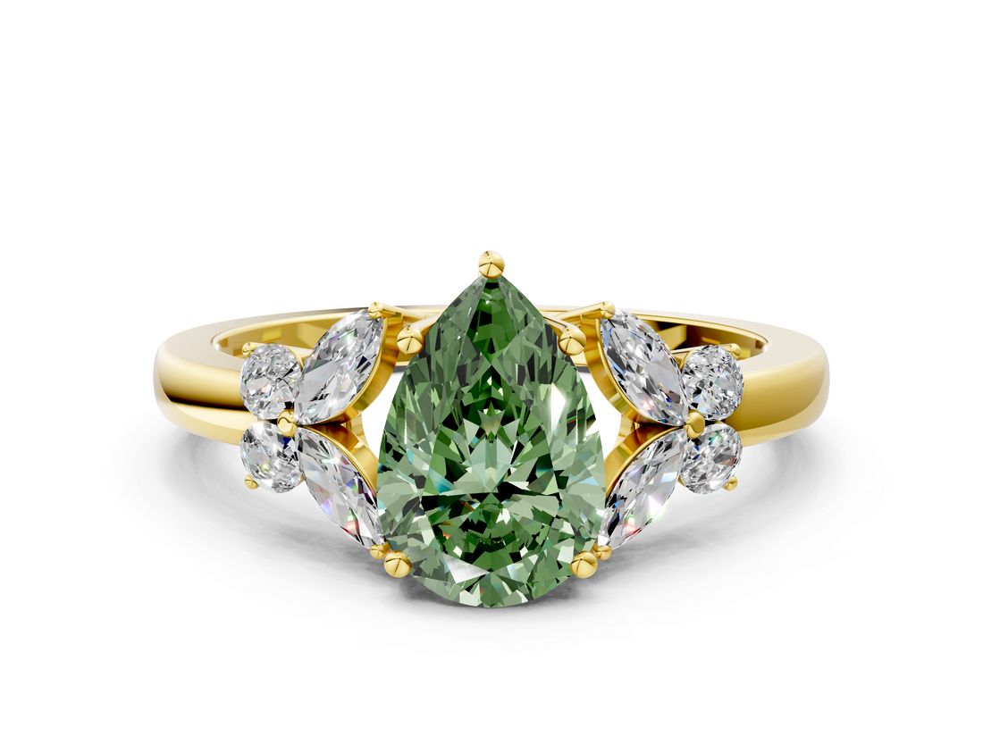 Yellow gold Fancy Green Pear  Cut Solitaire Floral Diamond Ring with Four-Prong Setting_37