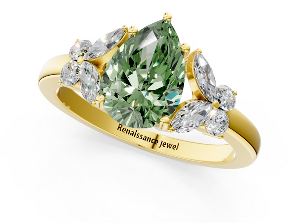 Yellow gold Fancy Green Pear  Cut Solitaire Floral Diamond Ring with Four-Prong Setting