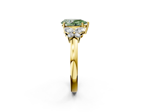 Yellow gold Fancy Green Pear  Cut Solitaire Floral Diamond Ring with Four-Prong Setting
