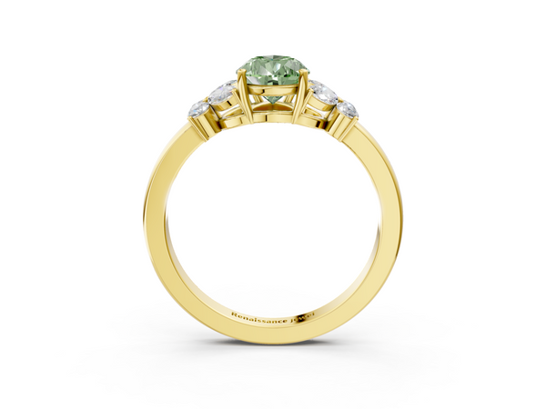 Yellow gold Fancy Green Pear  Cut Solitaire Floral Diamond Ring with Four-Prong Setting
