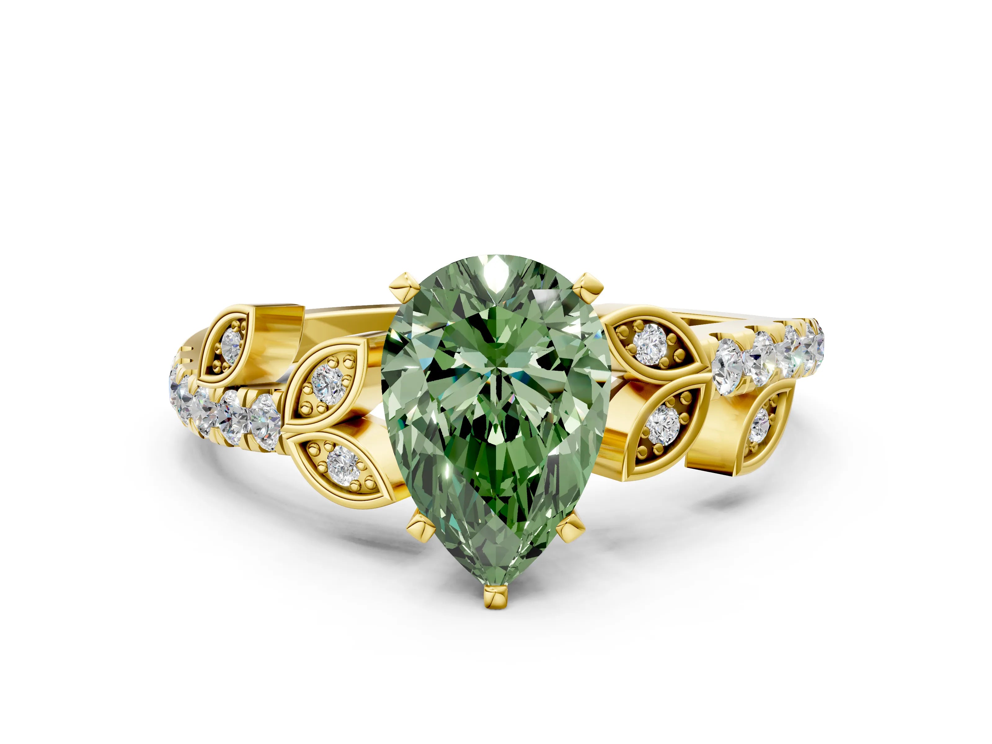 Yellow gold Fancy Green Pear Cut Solitaire Leaf-Inspired Diamond Ring with Pavé Band and Four-Prong Setting