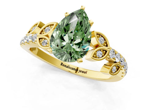 Yellow gold Fancy Green Pear Cut Solitaire Leaf-Inspired Diamond Ring with Pavé Band and Four-Prong Setting_1