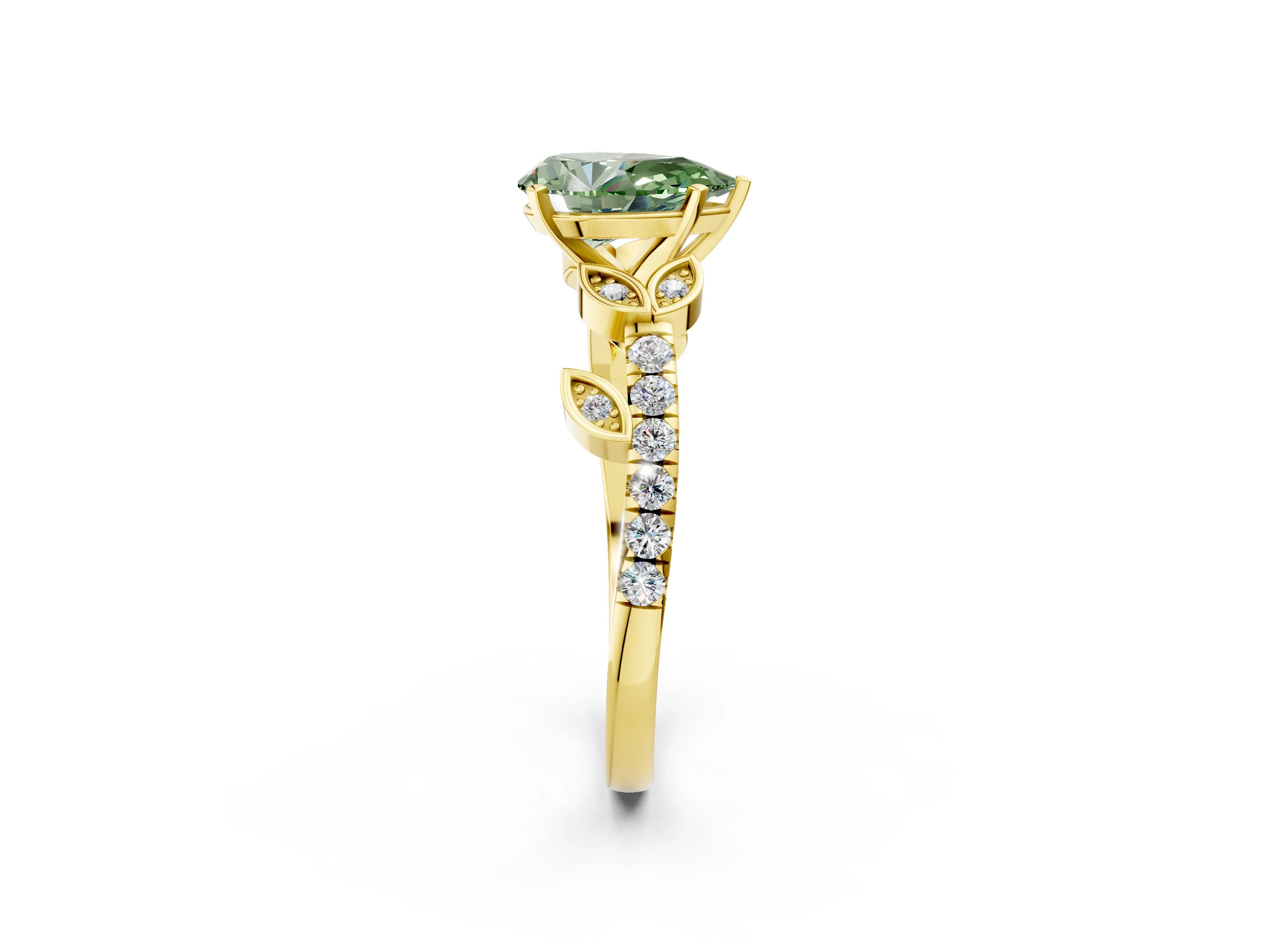 Yellow gold Fancy Green Pear Cut Solitaire Leaf-Inspired Diamond Ring with Pavé Band and Four-Prong Setting_2