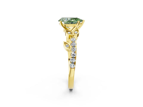 Yellow gold Fancy Green Pear Cut Solitaire Leaf-Inspired Diamond Ring with Pavé Band and Four-Prong Setting_2