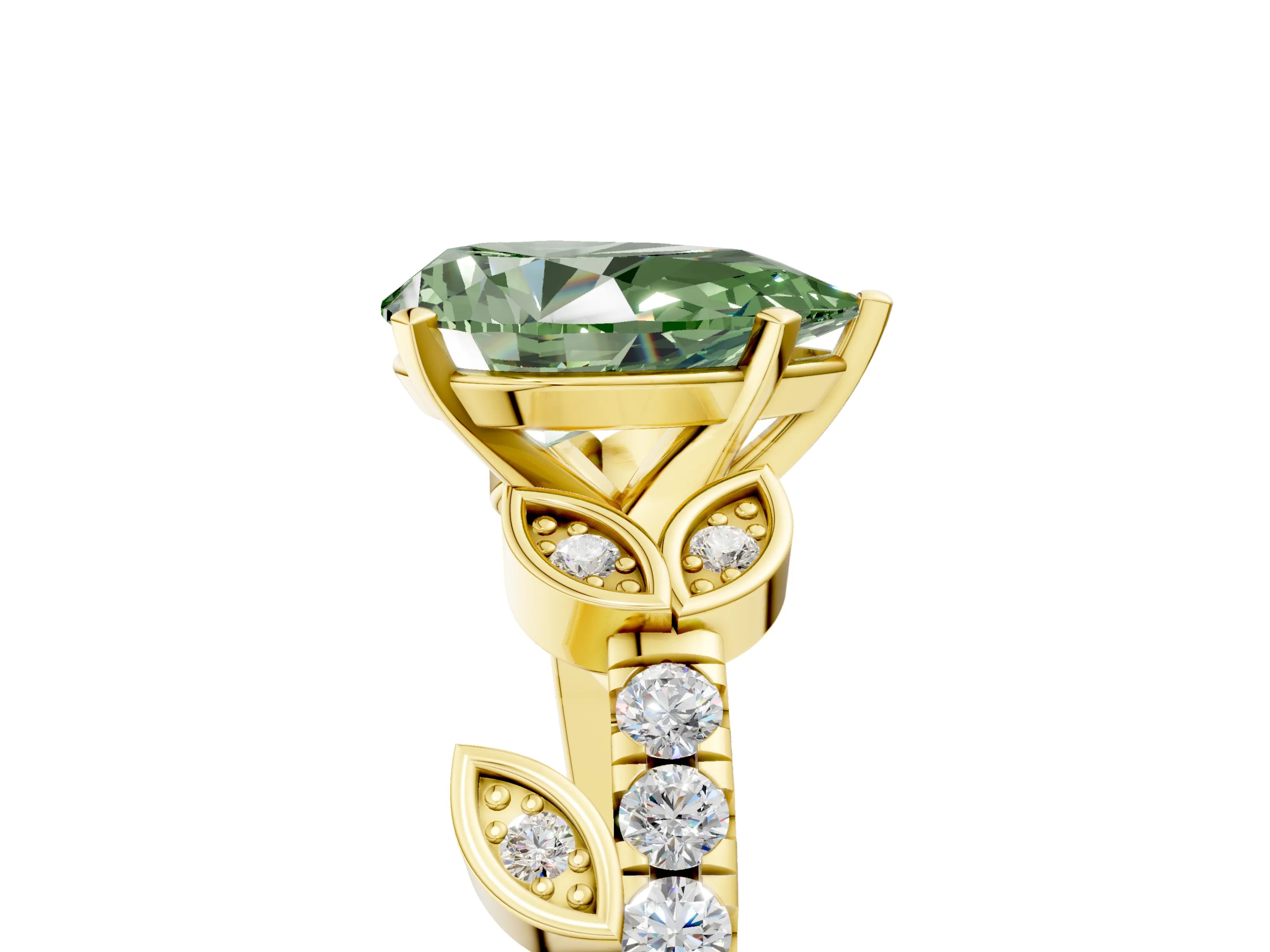 Yellow gold Fancy Green Pear Cut Solitaire Leaf-Inspired Diamond Ring with Pavé Band and Four-Prong Setting_5