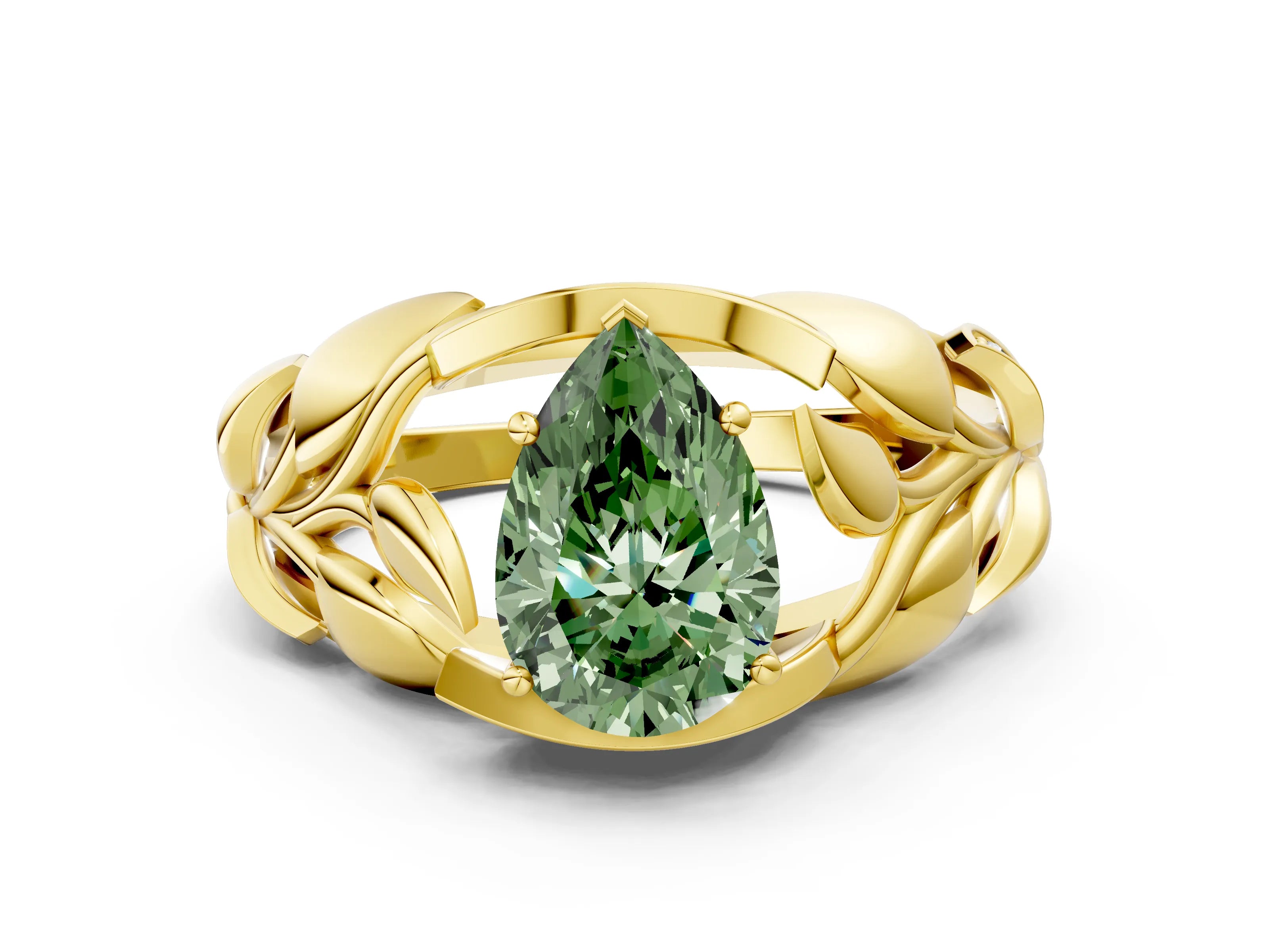 Yellow gold Fancy Green Pear Cut Solitaire Leaf-Inspired Engagement Ring with Prong Setting