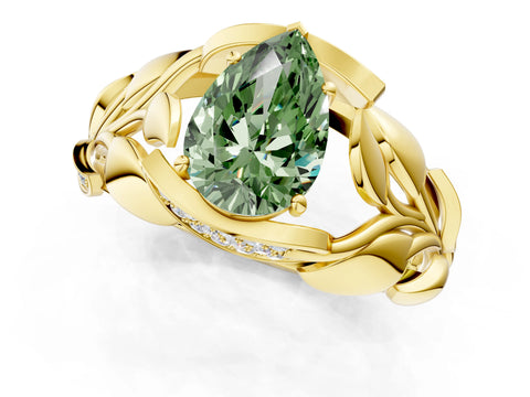 Yellow gold Fancy Green Pear Cut Solitaire Leaf-Inspired Engagement Ring with Prong Setting_1