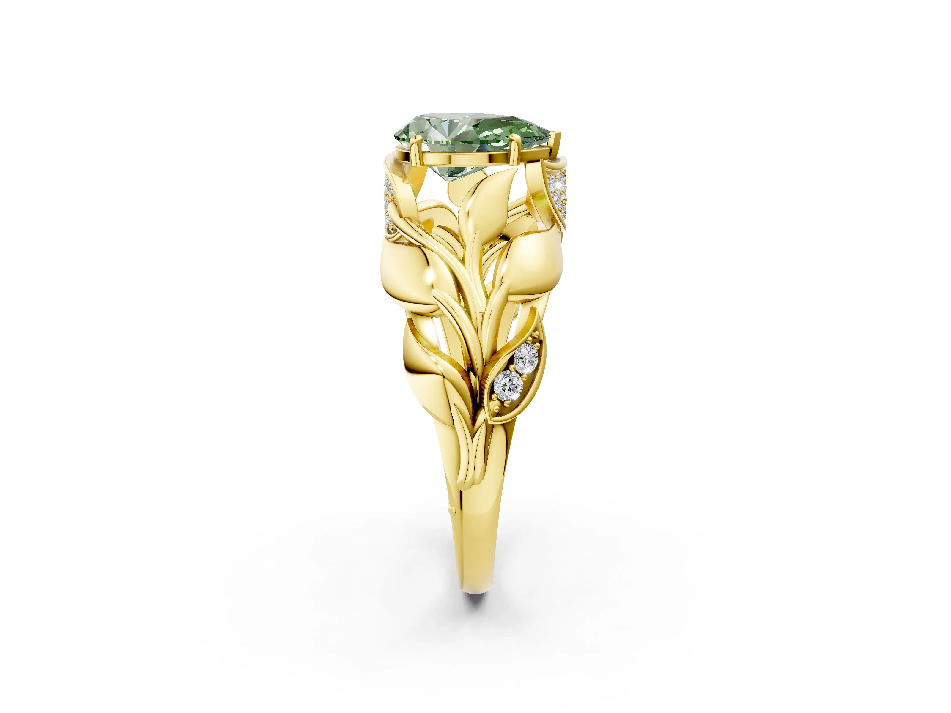 Yellow gold Fancy Green Pear Cut Solitaire Leaf-Inspired Engagement Ring with Prong Setting_2