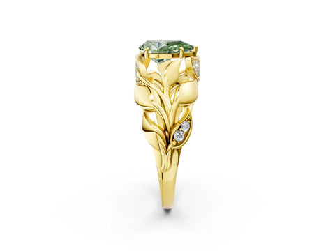 Yellow gold Fancy Green Pear Cut Solitaire Leaf-Inspired Engagement Ring with Prong Setting_2