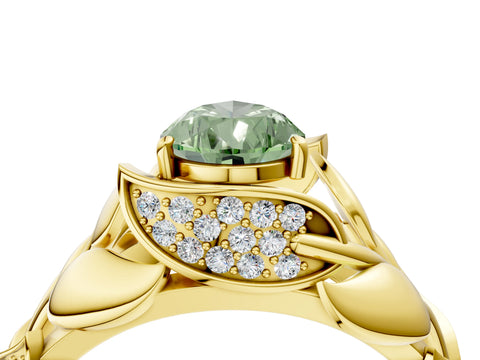 Yellow gold Fancy Green Pear Cut Solitaire Leaf-Inspired Engagement Ring with Prong Setting_4