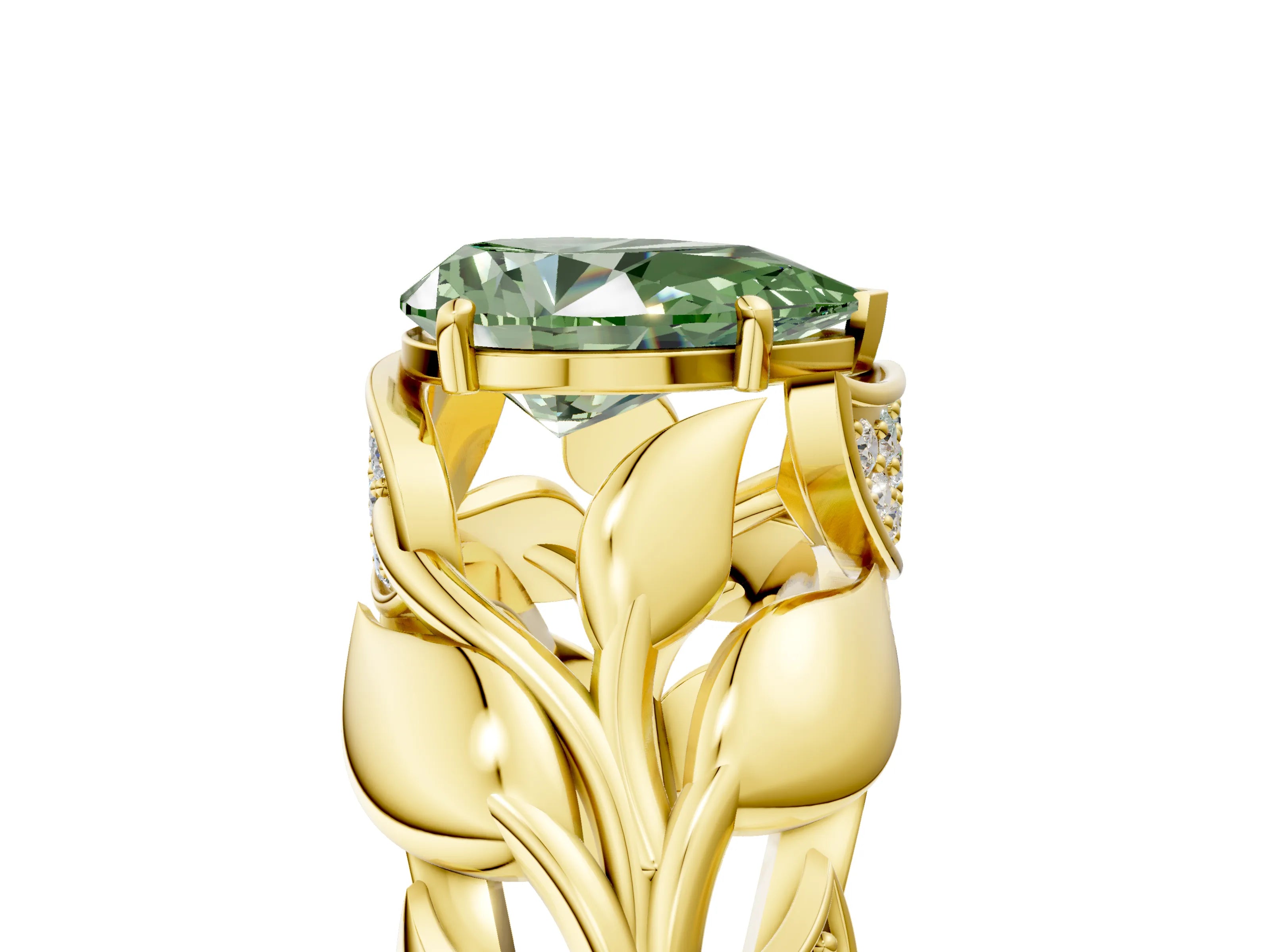 Yellow gold Fancy Green Pear Cut Solitaire Leaf-Inspired Engagement Ring with Prong Setting_5