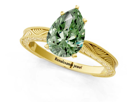 Yellow gold Fancy Green Pear Cut Solitaire Milgrain Engraved Band with Four-Prong Setting_1