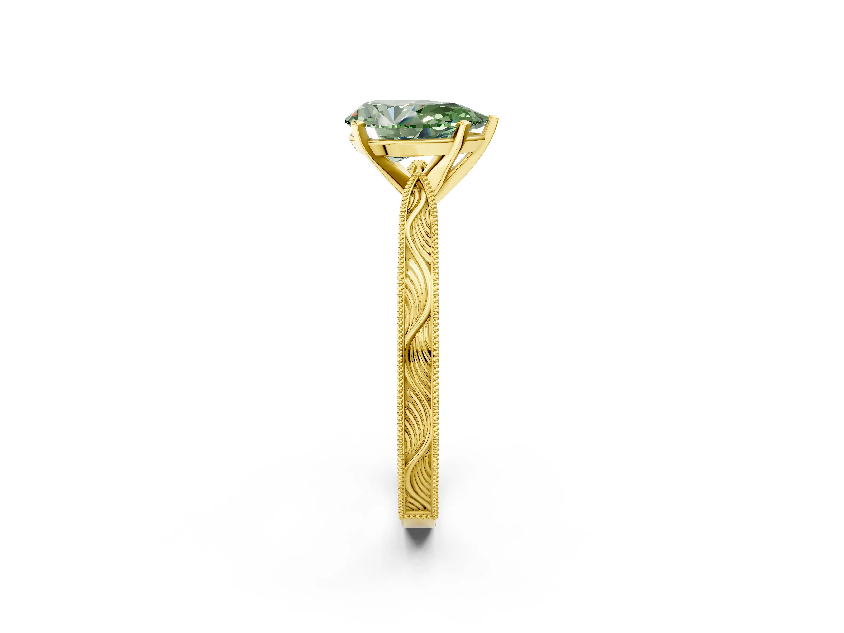 Yellow gold Fancy Green Pear Cut Solitaire Milgrain Engraved Band with Four-Prong Setting_2