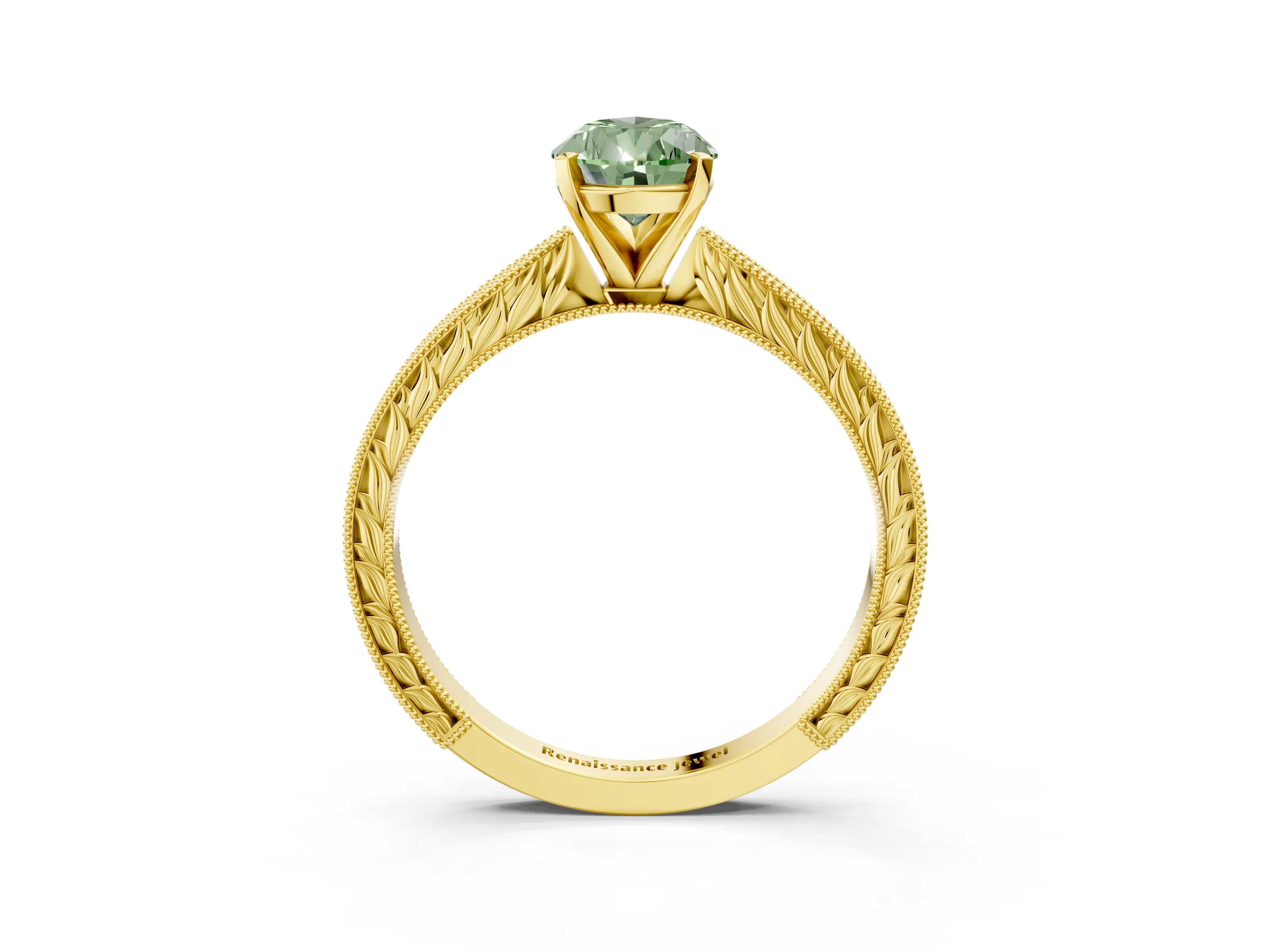 Yellow gold Fancy Green Pear Cut Solitaire Milgrain Engraved Band with Four-Prong Setting_3