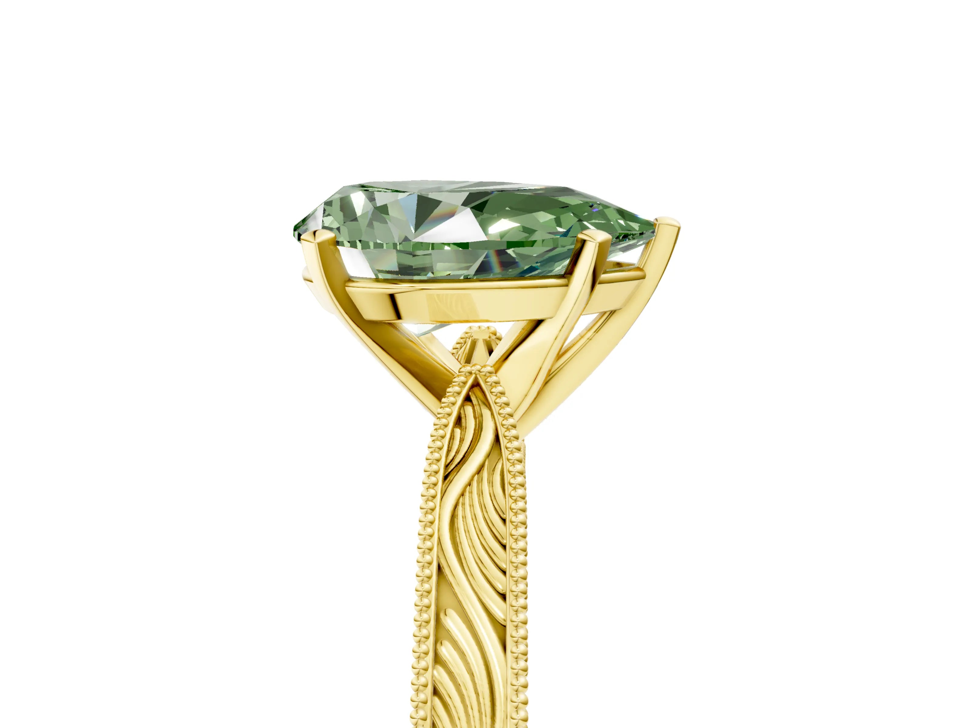Yellow gold Fancy Green Pear Cut Solitaire Milgrain Engraved Band with Four-Prong Setting_5