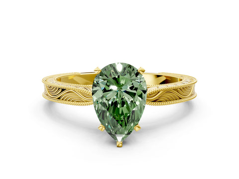 Yellow gold Fancy Green Pear Cut Solitaire Milgrain Engraved Band with Four-Prong Setting