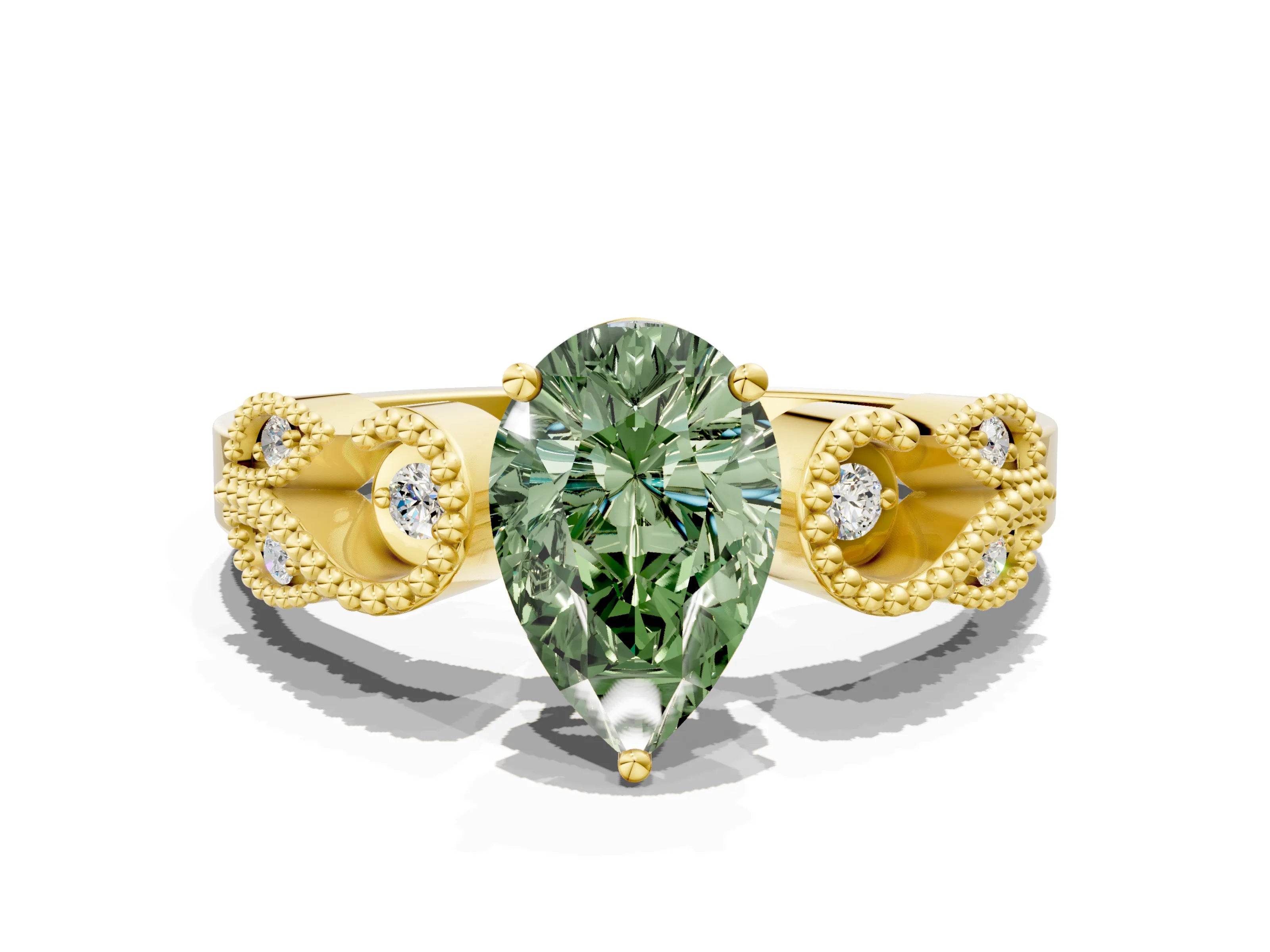 Yellow gold Fancy Green Pear Cut Solitaire Milgrain Leaf Band with Prong Setting