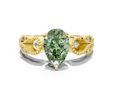 Yellow gold Fancy Green Pear Cut Solitaire Milgrain Leaf Band with Prong Setting