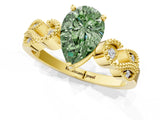 Yellow gold Fancy Green Pear Cut Solitaire Milgrain Leaf Band with Prong Setting_1