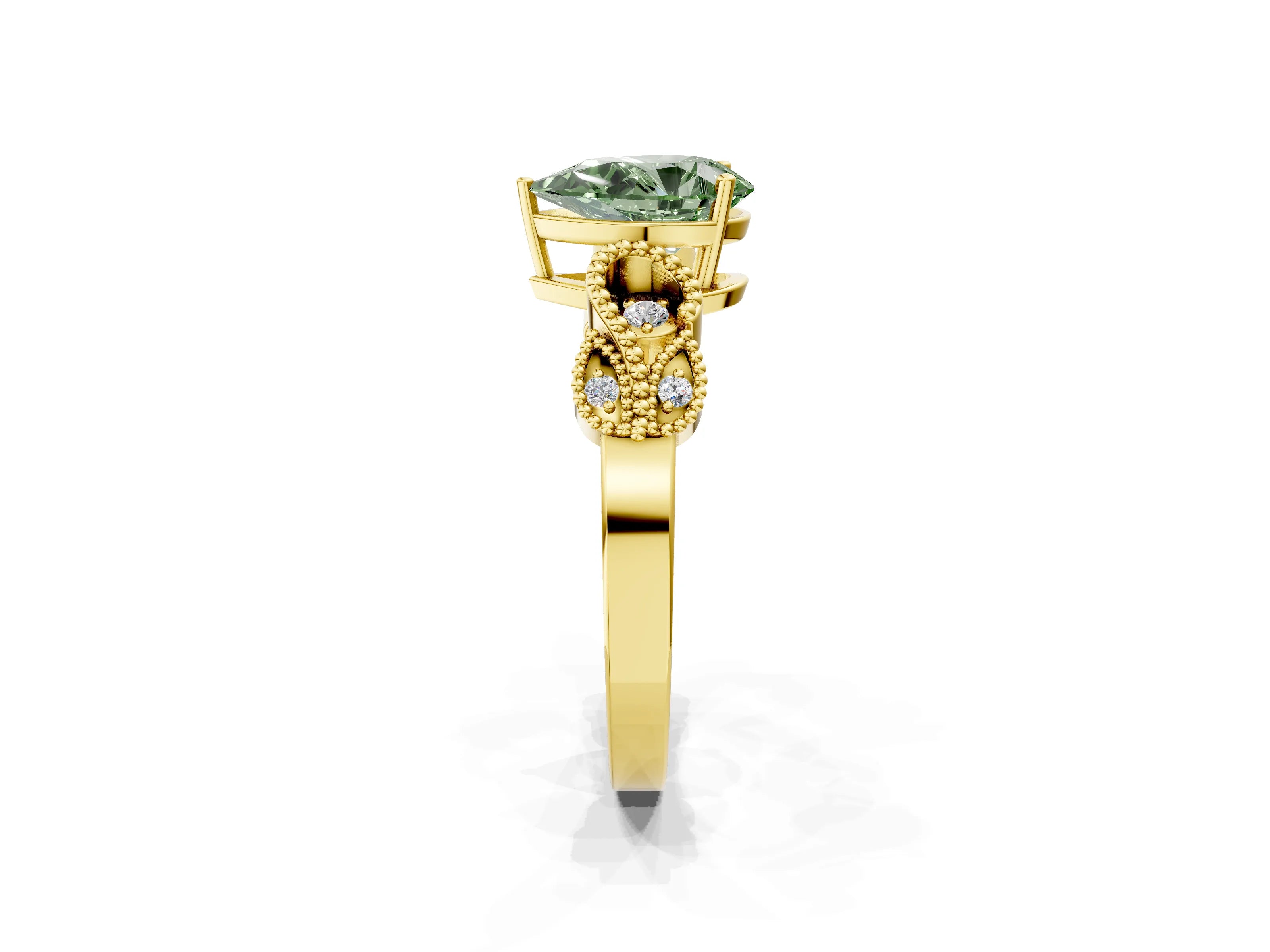 Yellow gold Fancy Green Pear Cut Solitaire Milgrain Leaf Band with Prong Setting_2