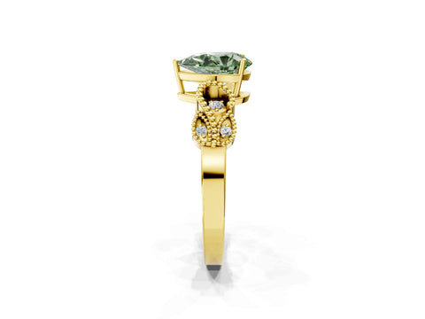 Yellow gold Fancy Green Pear Cut Solitaire Milgrain Leaf Band with Prong Setting_2