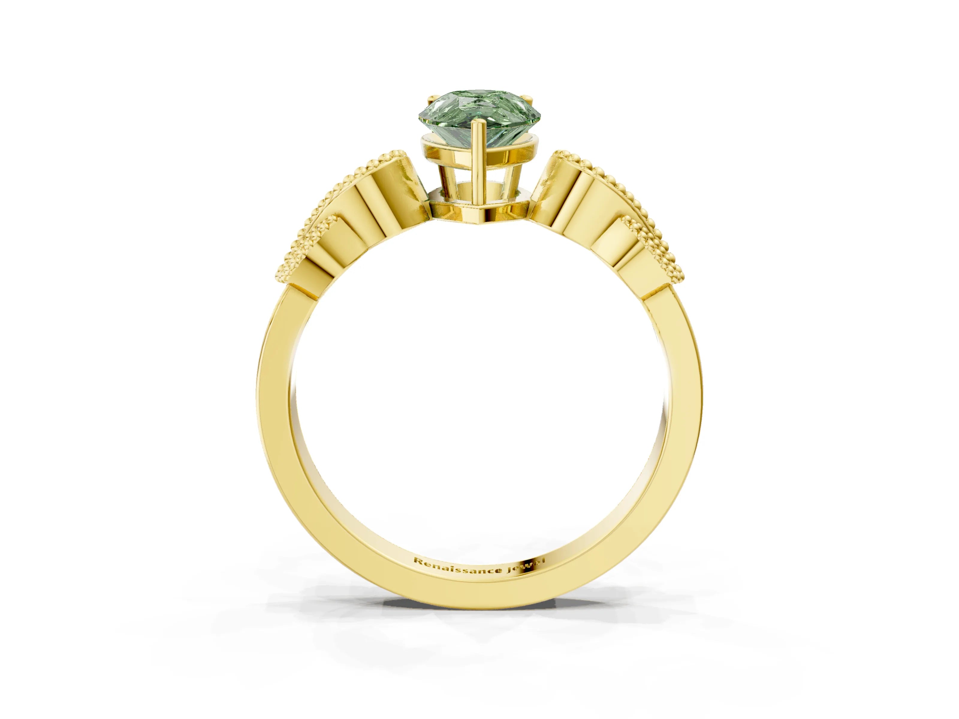 Yellow gold Fancy Green Pear Cut Solitaire Milgrain Leaf Band with Prong Setting_3