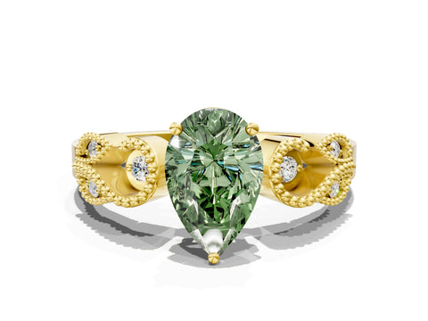 Yellow gold Fancy Green Pear Cut Solitaire Milgrain Leaf Band with Prong Setting