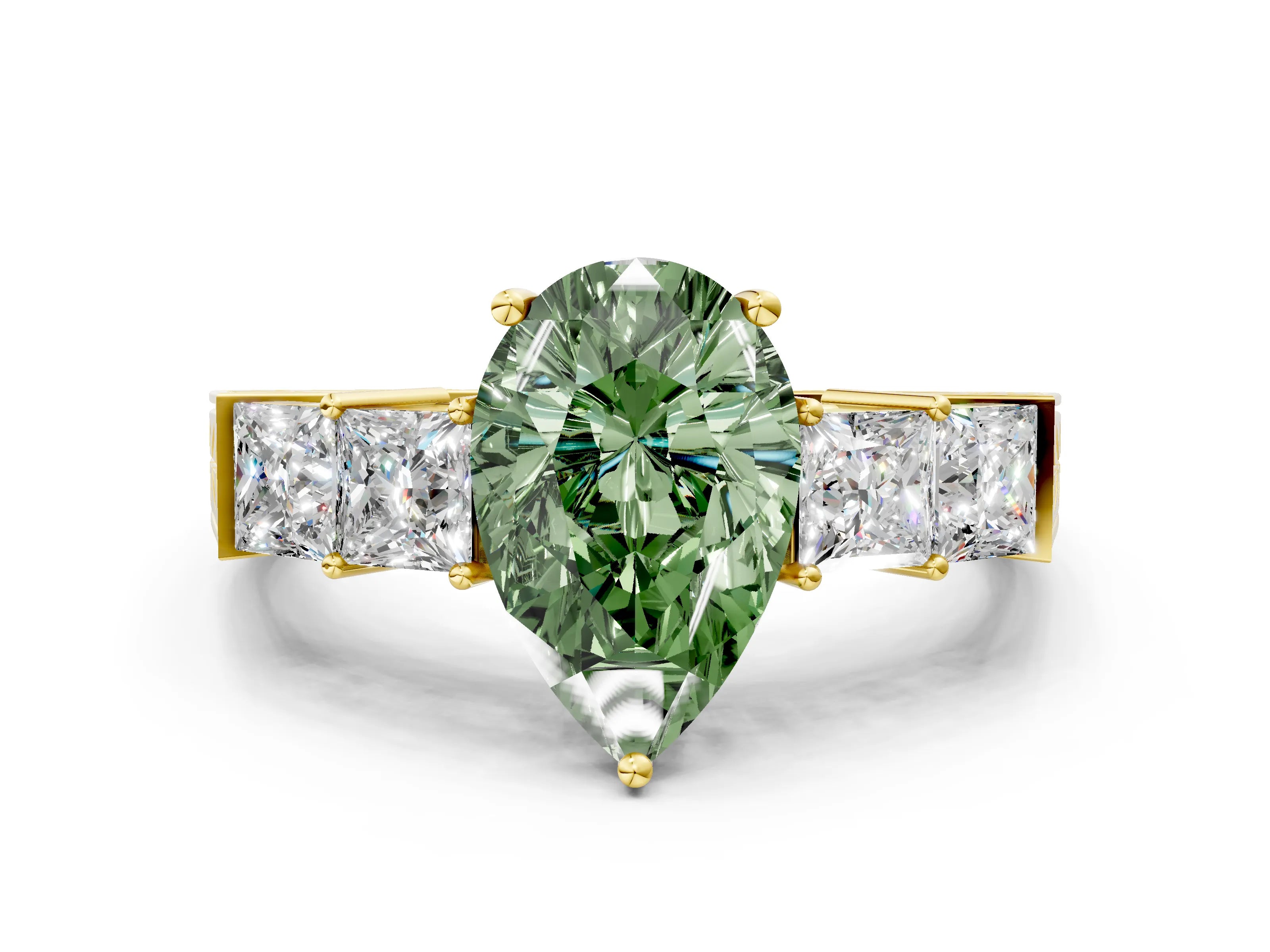 Yellow gold Fancy Green Pear Cut Solitaire Princess Side Stone Engraved Band Prong Setting Ring