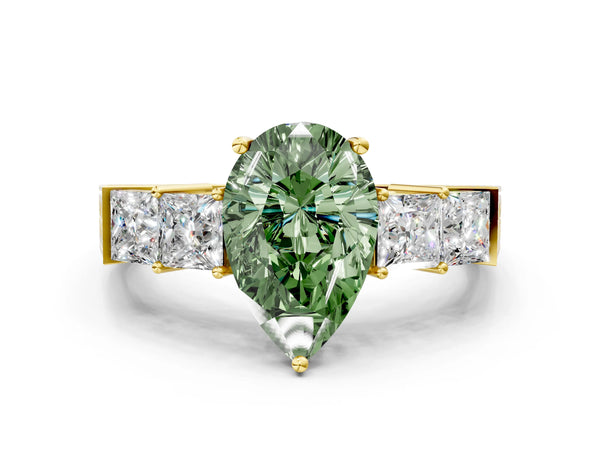 Yellow gold Fancy Green Pear Cut Solitaire Princess Side Stone Engraved Band Prong Setting Ring