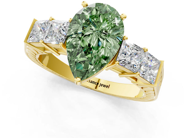 Yellow gold Fancy Green Pear Cut Solitaire Princess Side Stone Engraved Band Prong Setting Ring