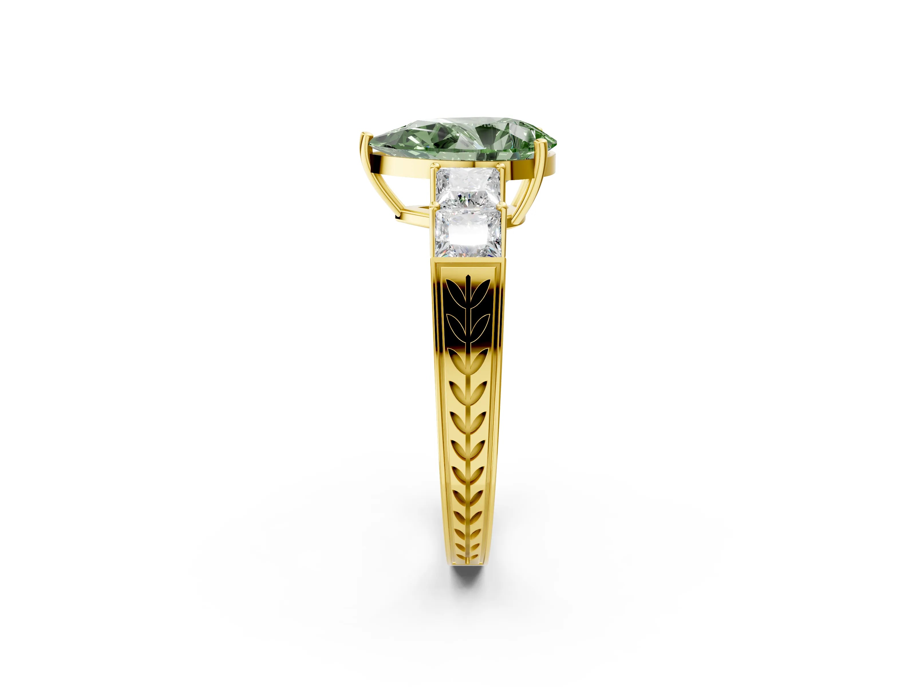 Yellow gold Fancy Green Pear Cut Solitaire Princess Side Stone Engraved Band Prong Setting Ring_2