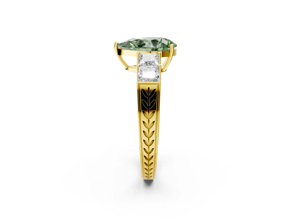 Yellow gold Fancy Green Pear Cut Solitaire Princess Side Stone Engraved Band Prong Setting Ring